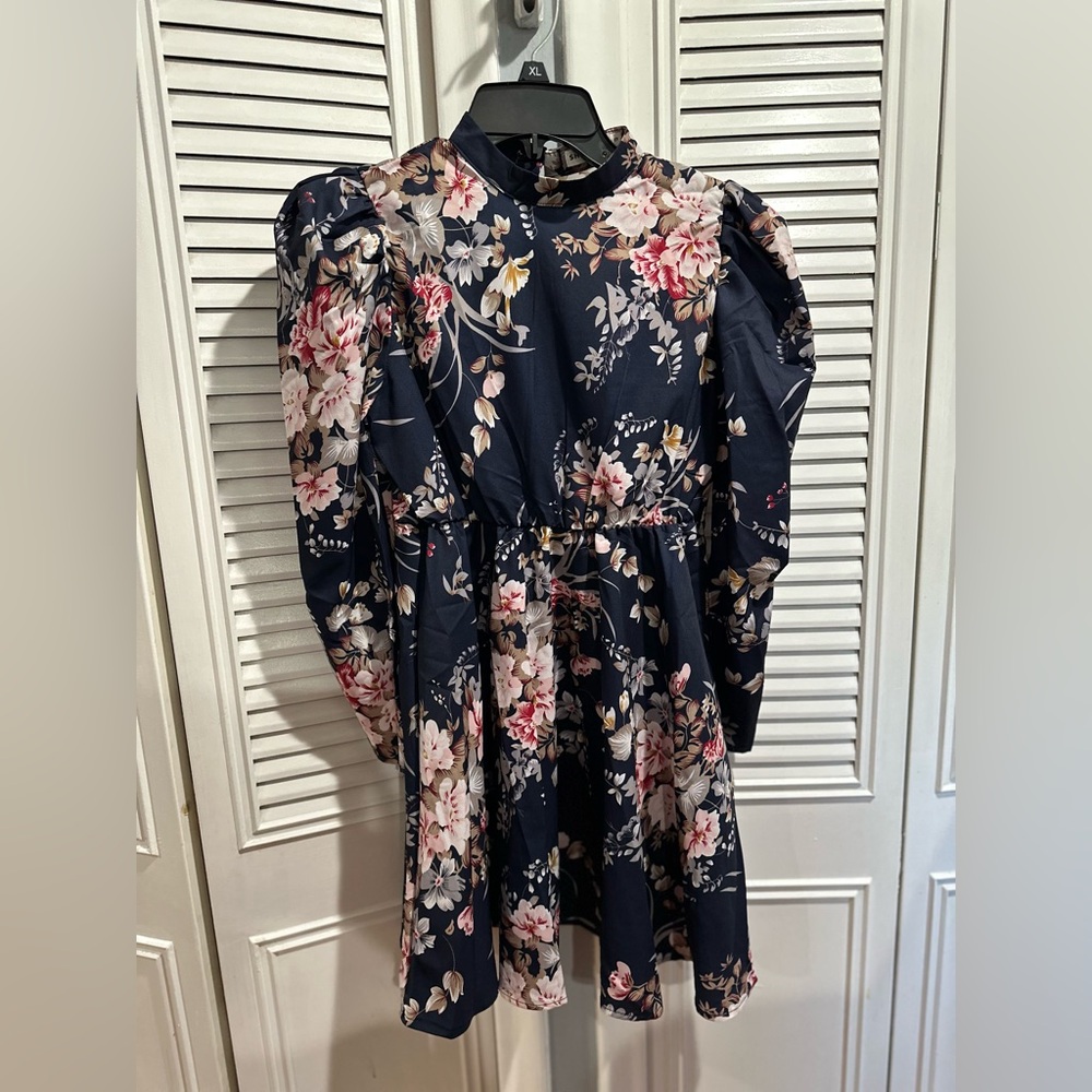 Shein Navy Floral Puff Sleeve Dress